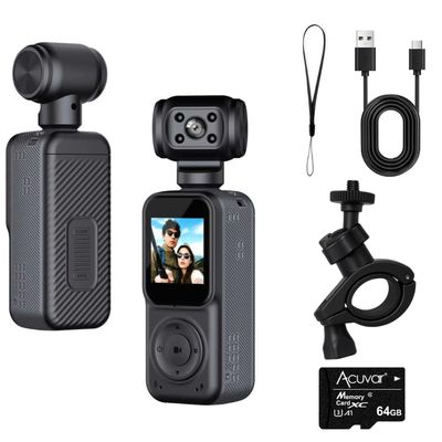 Acuvar 4K Pocket Vlogging Camera with 3-Axis Gimbal Stabilizer, Handheld Portable Video Camera with WiFi, LCD Screen, Face Tracking, 270 Rotation & 64GB SD Card