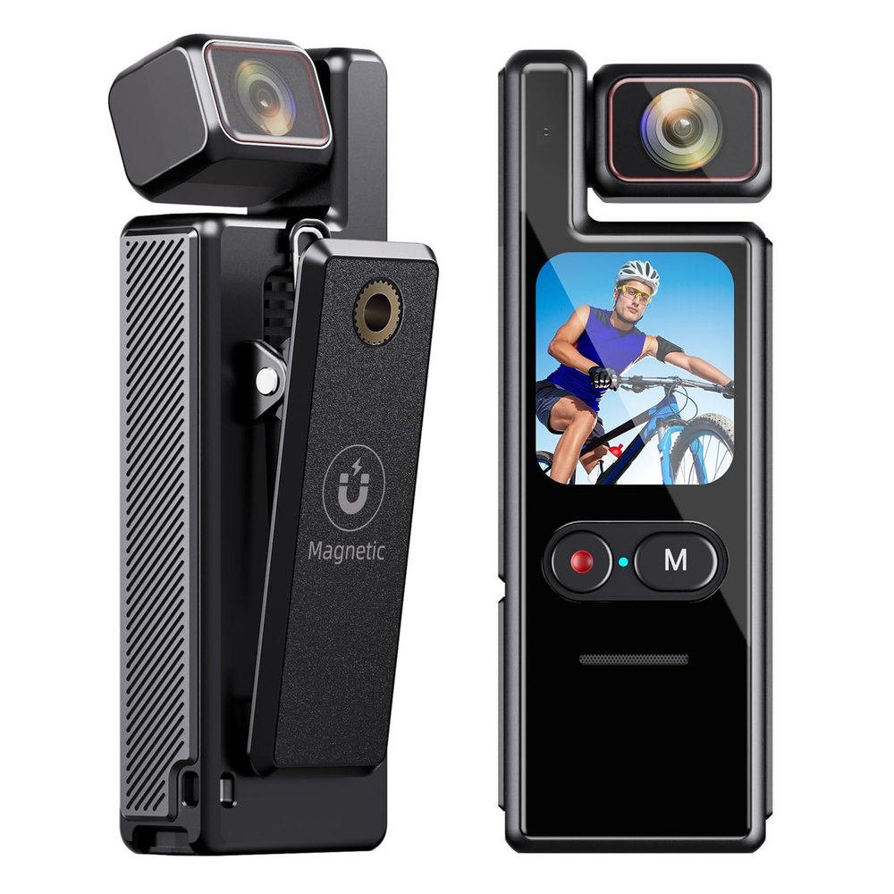 Bewinner 4K HD Handheld Camera with 1.69 Inch, 6 Axis Stabilization Wearable Body Camera with 140 Wide Angle & 180 Rotating Lens, IP65 Water Proof Video Recorder