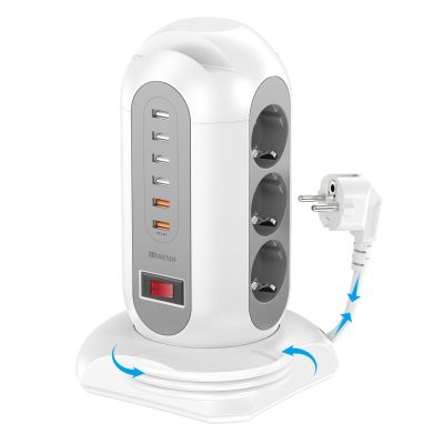 9 Way Multiple Socket Power Strip with 6 USB Vertical EU Outlets Tower Socket with 1.8M Extension Cord Surge Protection for Home(EU_250V_9AC White)