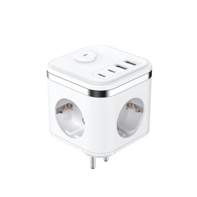 3680W Multi Plug EU Power Strip Cube Multiple Socket Adapter with 3 AC Outlets 2USB 2 Type C Fast Charging for Home Office(White)