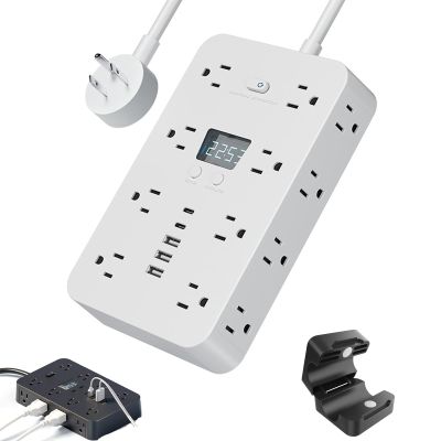 16-in-1 Power Strip with Switch & Surge Protection, Upgrade Flat Plug Power Strip, Time Display, Widely Spaced Multiple Outlets for Home, Office, Dorm,Travel (White, Cord 60in)
