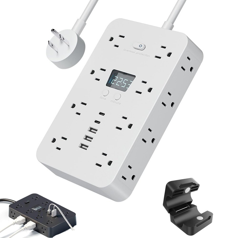 16-in-1 Power Strip with Switch & Surge Protection, Upgrade Flat Plug Power Strip, Time Display, Widely Spaced Multiple Outlets for Home, Office, Dorm,Travel (White, Cord 60in)