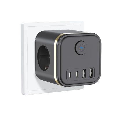 3680W Multi Plug EU Power Strip Cube Multiple Socket Adapter with 3 AC Outlets 2USB 2 Type C Fast Charging for Home Office(Black)
