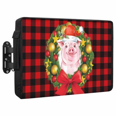 Outdoor TV Cover 48 to 50 Inch Weatherproof, Christmas Wreath Waterproof Outdoor TV Enclosure with Side Pocket, Funny Pig Xmas Red Black Buffalo Plaid Television Protector Cover for Outside Television