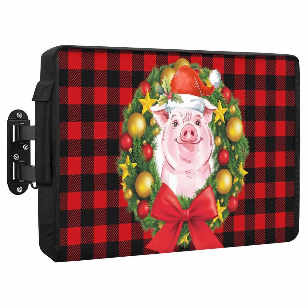 Outdoor TV Cover 48 to 50 Inch Weatherproof, Christmas Wreath Waterproof Outdoor TV Enclosure with Side Pocket, Funny Pig Xmas Red Black Buffalo Plaid Television Protector Cover for Outside Television