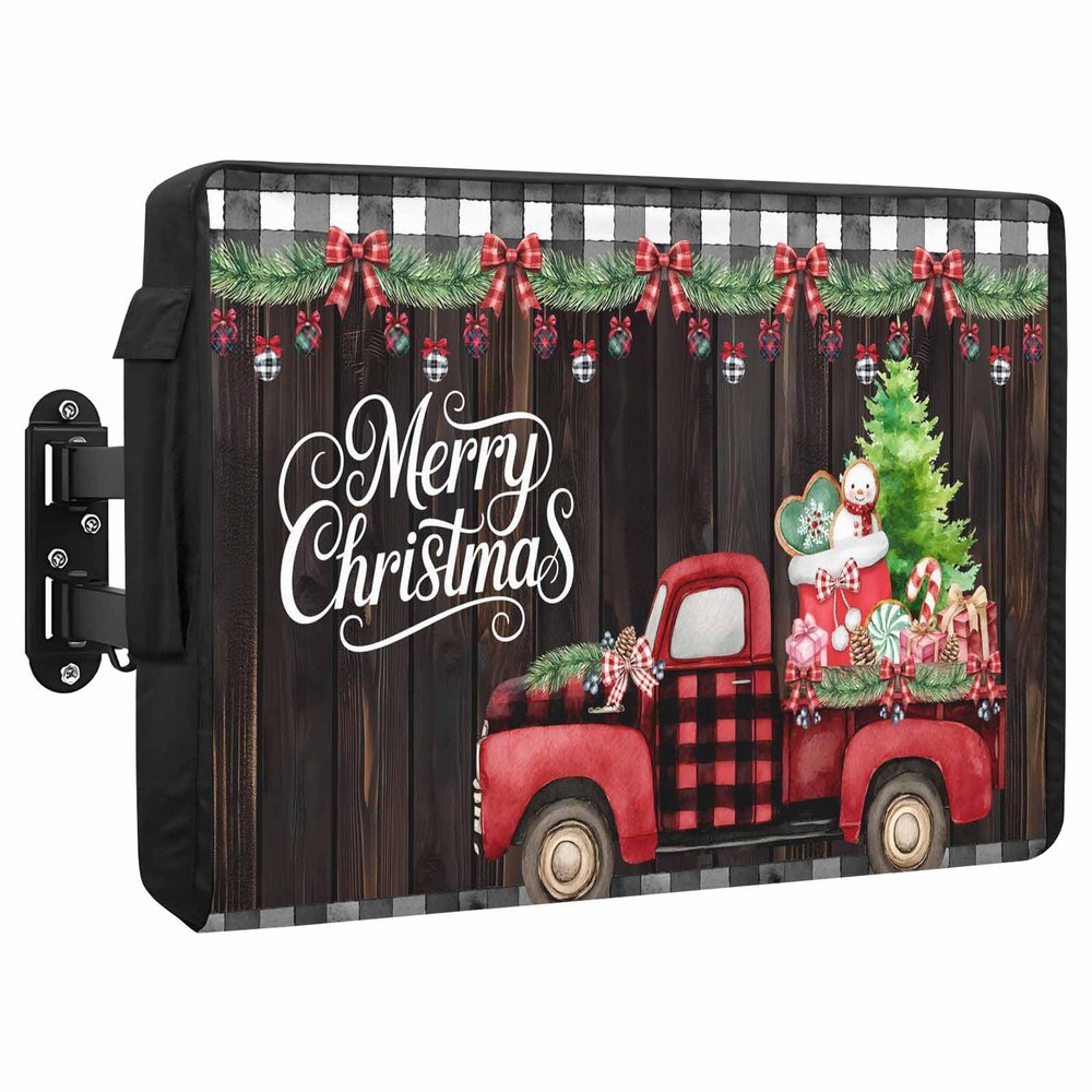 Outdoor TV Cover 40 to 43 Inch Weatherproof, Merry Christmas Waterproof Outdoor TV Enclosure with Side Pocket, Xmas Tree Truck Balls Gifts Brown Wood Television Protector Cover for Outside Television
