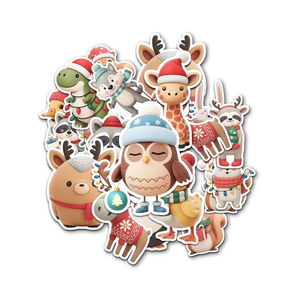 12 Pcs Cute Christmas Animal Stickers Pack, Holiday Vinyl Decals Giraffe, Dinosaur, Bunny, Raccoon, Reindeer, Penguin, Owl, Duck, and Moose, Waterproof Festive Stickers for Laptop, Bottle 3 Inches