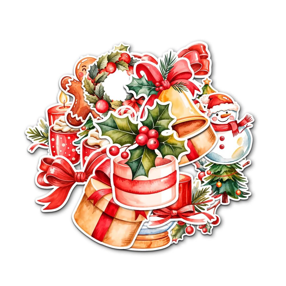 12 Pcs Christmas Stickers Pack, Cute Holiday Vinyl Decals Featuring Snowman, Wreath, Gift Box, Gingerbread, Candle, and Tree, Waterproof Winter Stickers for Laptop, Bottle, Card Making 5 Inches
