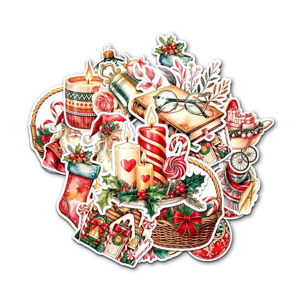 12 Pcs Vintage Christmas Stickers Set, Retro Holiday Vinyl Decals Featuring Santa, Candle, Ornament, Wreath, Candy Cane, and Bell, Waterproof Festive Stickers for Laptop, Bottle, Card 6 Inches