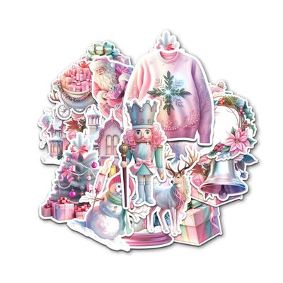 12 Pcs Pink Christmas Stickers Pack, Aesthetic Holiday Vinyl Decals Featuring Santa, Snowman, Reindeer, Gift Box, Tree, Wreath, and Bell, Waterproof Pastel Stickers for Laptop, Bottle, Cards 4 Inches