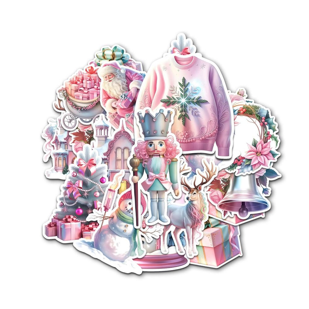 12 Pcs Pink Christmas Stickers Pack, Aesthetic Holiday Vinyl Decals Featuring Santa, Snowman, Reindeer, Gift Box, Tree, Wreath, and Bell, Waterproof Pastel Stickers for Laptop, Bottle, Cards 4 Inches