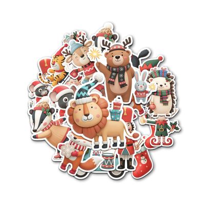 12 Pcs Cute Christmas Animal Stickers Pack, Holiday Vinyl Decals Reindeer, Tiger, Fox, Hedgehog, Elf, Santa, Lion, Bear, and Mouse, Waterproof Festive Stickers for Laptop, Bottle, Journal 2 Inches