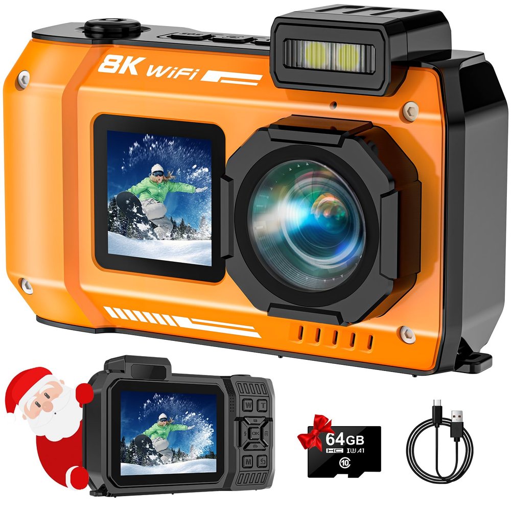 SPUNALP UHD 8K Underwater Camera, 70MP 33FT WiFi Waterproof Digital Camera with 64GB Card