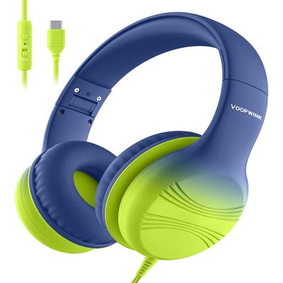 Voopwink USB Type C Kids Headphones, Wired Headphones for Kids with Microphone 85/94dB Volume Limit, Stereo Sound Portable Over Ear Headphones for School/Travel/Tablet/iPad, Blue Lemon