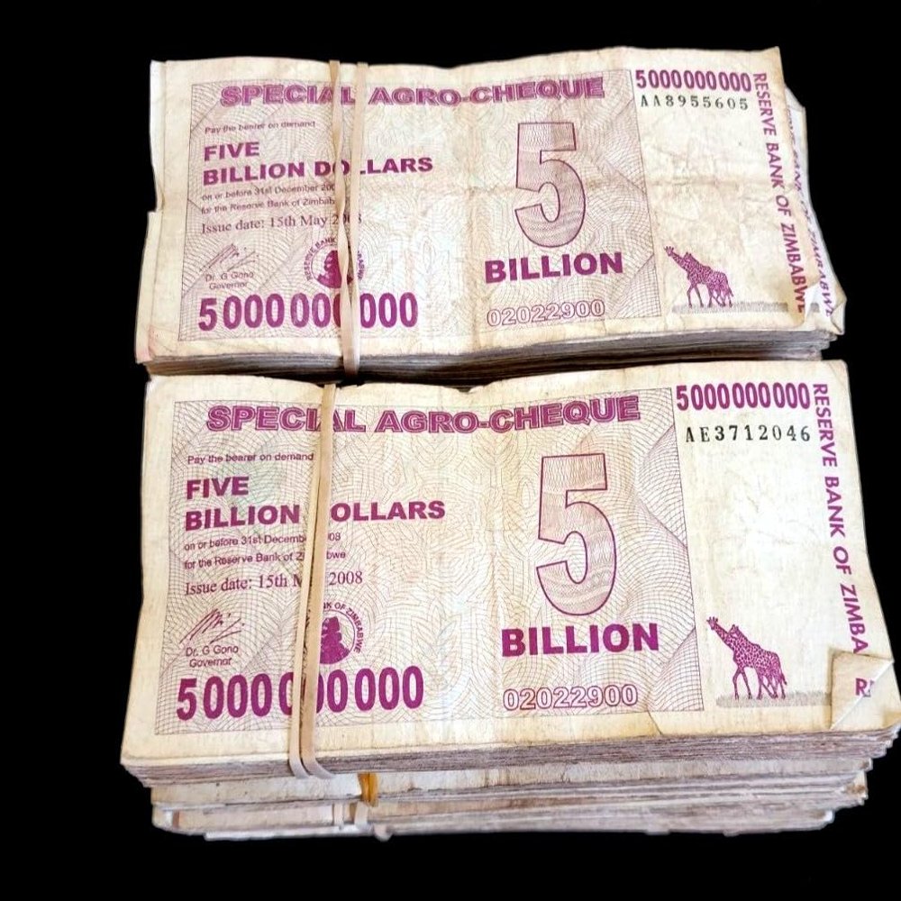 1000 x 2008 Zimbabwe 5 Billion Dollar Agro Cheque banknotes- Lower Grade