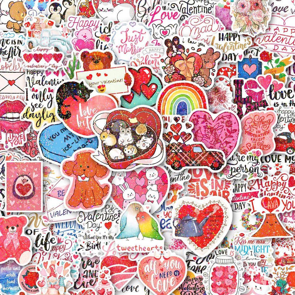 100Pcs Holographic Valentines Stickers for Kids, Heart Valentine's Stickers Bulk for Valentines Day Gifts for Kids Classroom School Exchange,Thickened Backing Vinyl Decals, Party Favors