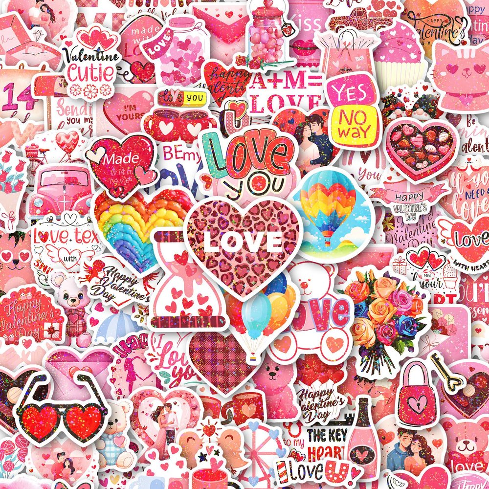 100Pcs Valentines Stickers for Kids, Holographic Heart Stickers Bulk for Valentines Day Gifts for Kids Classroom School Exchange,Thickened Backing Vinyl Decals, Party Favors, Goodie Bags Decorations