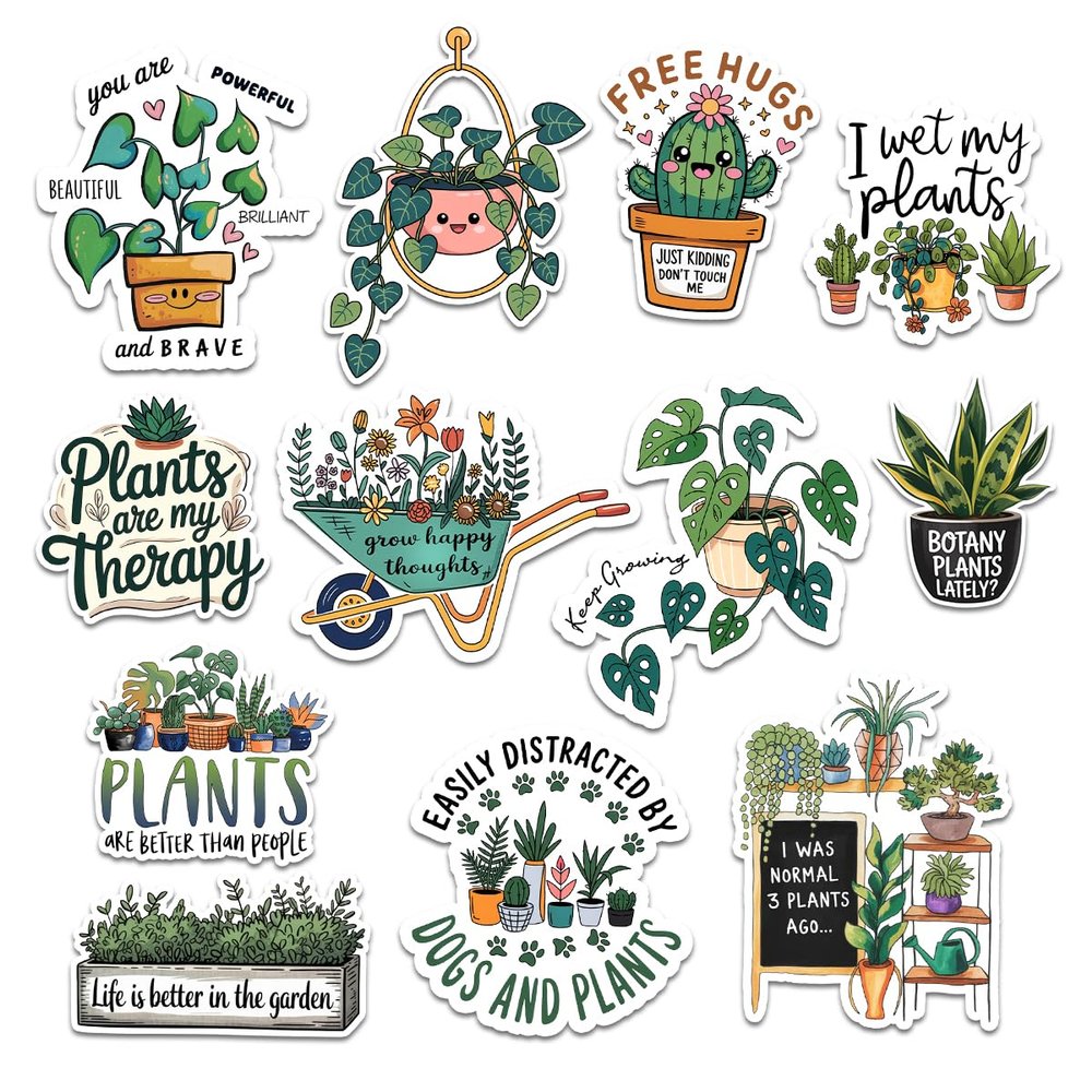 12 Pcs Plant Stickers Pack, Cute Gardening Vinyl Decals with Funny Quotes and Houseplant Designs for Water Bottles, Laptops, Journals, Scrapbooking, and Garden Lovers 2