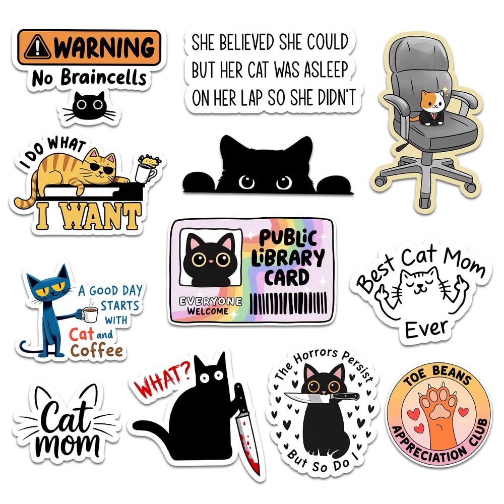 12 Pcs Funny Cat Stickers Pack, Cute Kitty Vinyl Decals with Hilarious Quotes for Cat Moms, Pet Lovers, Laptops, Water Bottles, Journals, Scrapbooking, and Gift Ideas 4