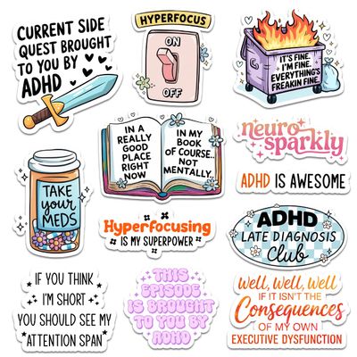 12 Pcs ADHD Stickers Pack, Funny Mental Health Vinyl Decals with Hyperfocus and Neurodivergent Quotes for Laptops, Water Bottles, Journals, Scrapbooking, and Therapy Gifts 7