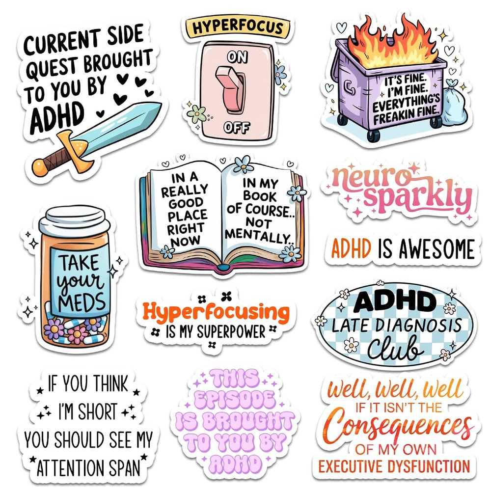 12 Pcs ADHD Stickers Pack, Funny Mental Health Vinyl Decals with Hyperfocus and Neurodivergent Quotes for Laptops, Water Bottles, Journals, Scrapbooking, and Therapy Gifts 7