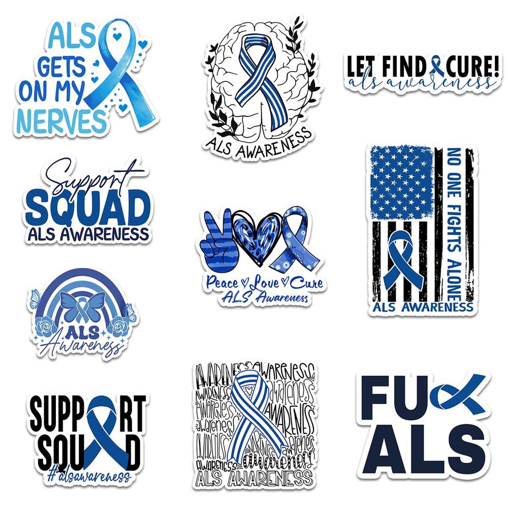 10 Pcs ALS Awareness Stickers Blue Ribbon Decals ALS Gets on My Nerves, Peace Love Cure, No One Fights Alone, Support Squad, Fuck ALS Vinyl Waterproof Gifts for Laptop, Bottle 8