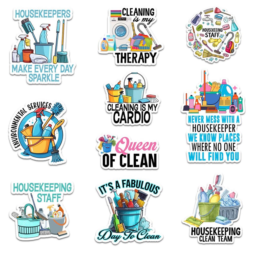 10 Pcs Housekeeping Stickers Pack, Funny Cleaning Vinyl Decals with Quotes and Supplies Designs for Housekeepers, Cleaning Staff, Journals, Laptops, Water Bottles, and Work Gear 8