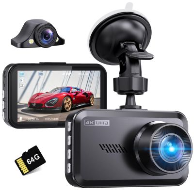 Dual 4K Dash Cam Front and Rear - Free 64G SD Card, 2160P+2160P UHD Dash Camera for Cars, Dashcam with 176+160 Wide Angle, 3.5'' IPS Screen Dashcam, G-Sensor, WDR, Night Vision, 24H Parking Monitor