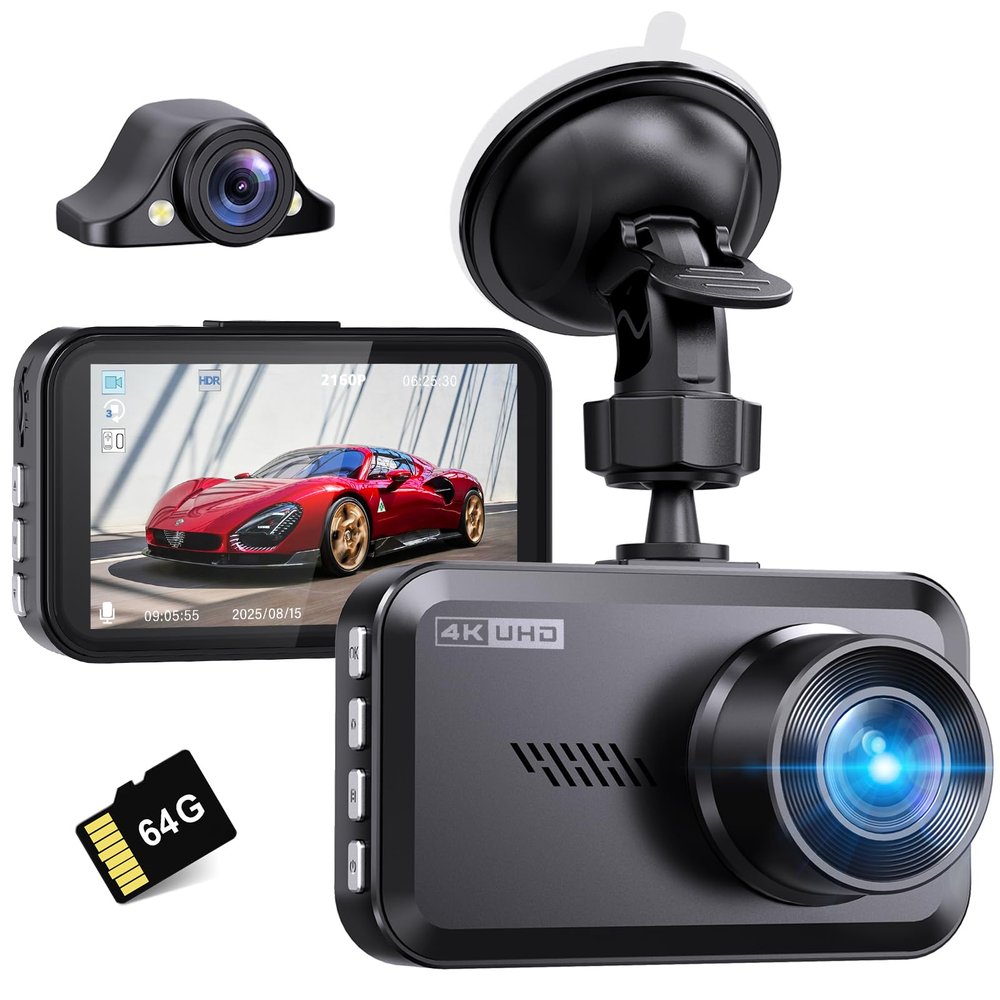 Dual 4K Dash Cam Front and Rear - Free 64G SD Card, 2160P+2160P UHD Dash Camera for Cars, Dashcam with 176+160 Wide Angle, 3.5'' IPS Screen Dashcam, G-Sensor, WDR, Night Vision, 24H Parking Monitor