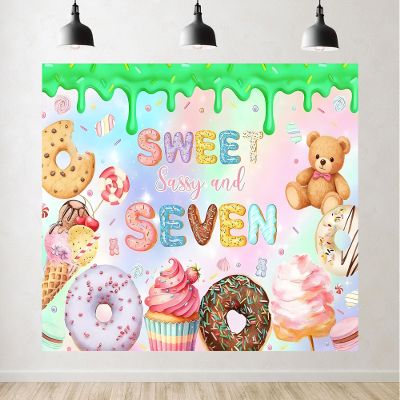 10x7ft Sweet Sassy and Seven Birthday Backdrop for Photography, Pastel Donut Theme Party Background Girls 7th Birthday Decorations Photoshoot Studio Props Fabric