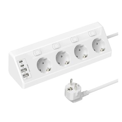 Desktop Multi-Contact Power Strip, 2 USB-A and 2 Type-C Corner Power sockets, 2M Extension Cord, Home Office Kitchen(EU_110-250V_White)
