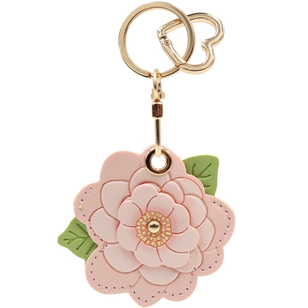 MC Fashion PU Leather Keychain Holder Case Compatible with AirTag, 3D Camellia Floral Charm Key Ring GPS Tracker Case (Pink)