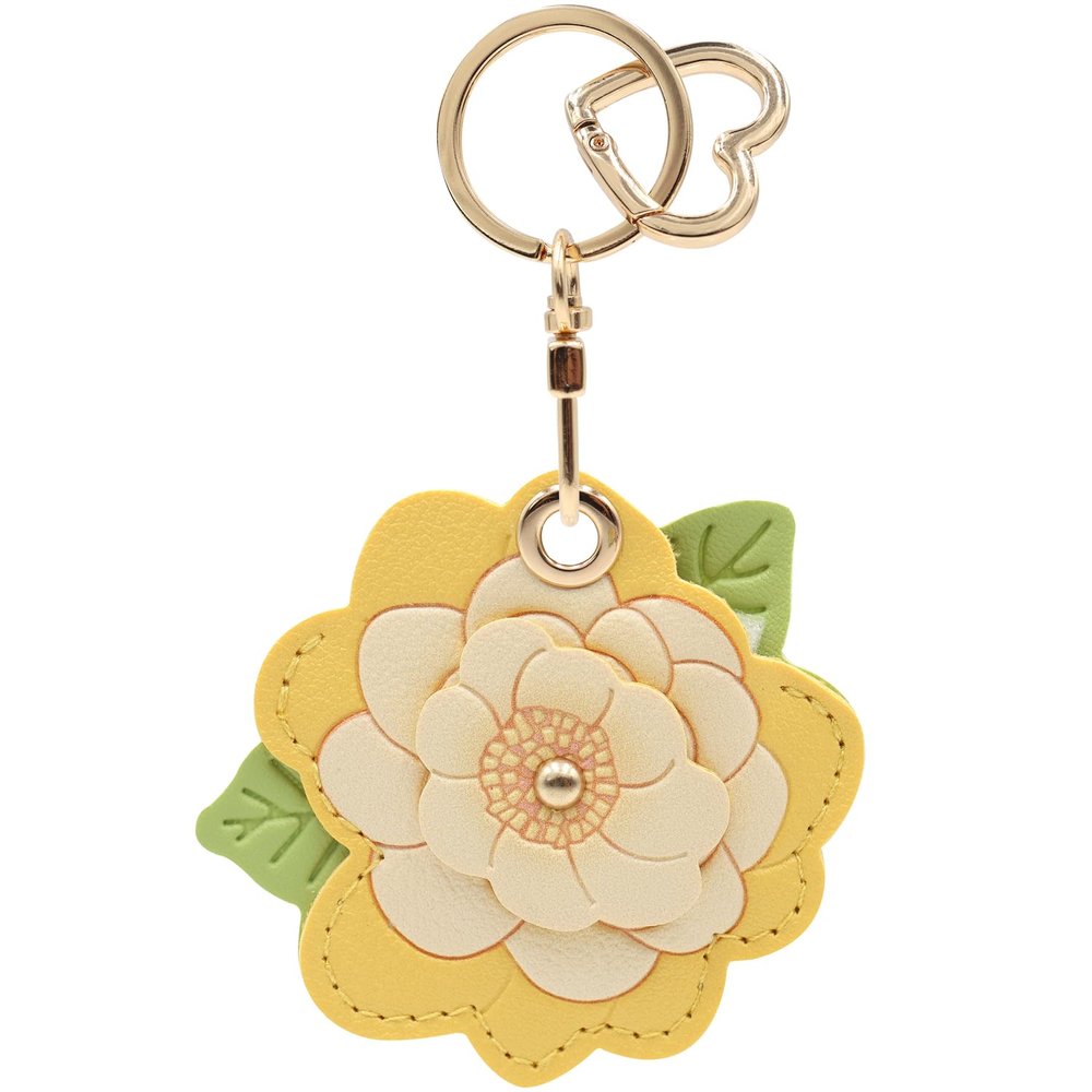 MC Fashion PU Leather Keychain Holder Case Compatible with AirTag, 3D Camellia Floral Charm Key Ring GPS Tracker Case (Yellow)
