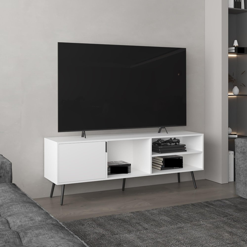 63" Wide TV Stand with One Cabinet, Three Open Shelves, Cable Management, Living Room, TV Room,for The Living Room