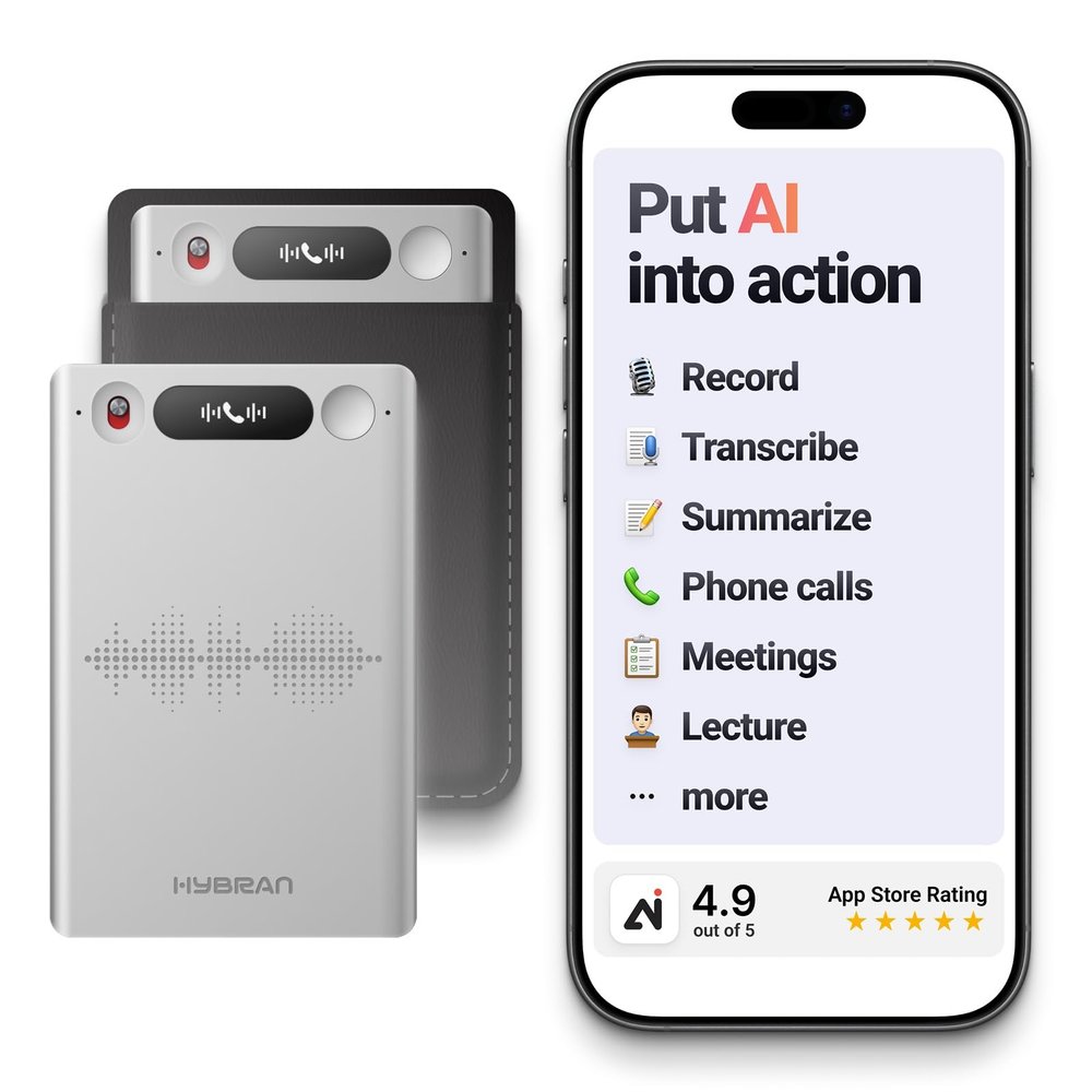 HyBran AI Voice Recorder for Phone Calls, Meetings & Lectures | Smart AI Note-Taking Device with Dedicated App for Transcription, Summary & Notes | Magnetic Case, 32GB (Up to 2000 Hours) | PDF Summary