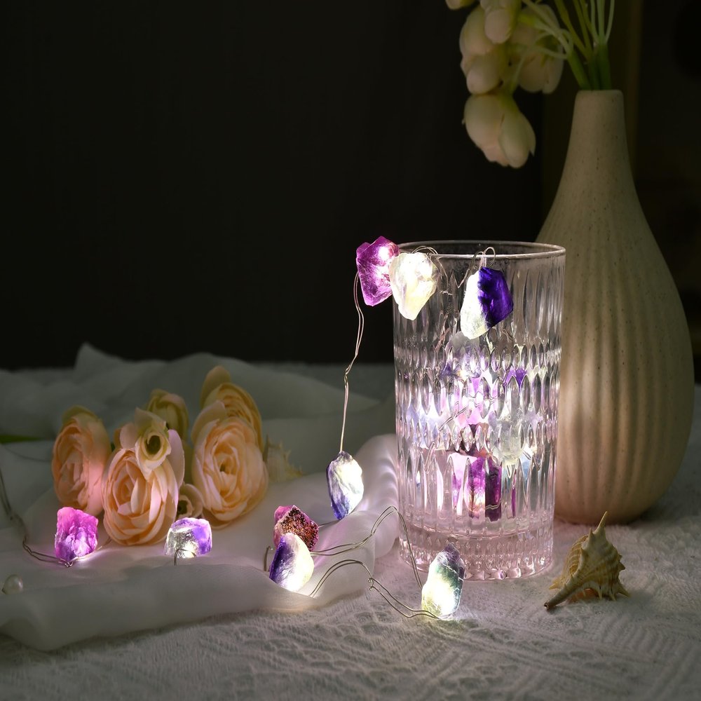FLCSIed Nature Colorful Fluorite Crystal String Lights 6.5 FT 20 LED Powered by AA Batteries(not Included), Gift for Women Men, Bedroom Night Light, Mother's Day Wedding Gift (Multi-Color)
