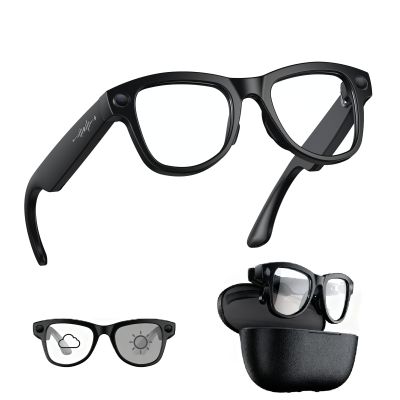 REEDTOCK AI Smart Glasses with 8MP 4K Camera, Bluetooth Open Ear Audio, Real-Time Translation, 1080P Video Recording,30MP Photo, Clear to Grey Transitions Lenses (M02 with Charging Case)