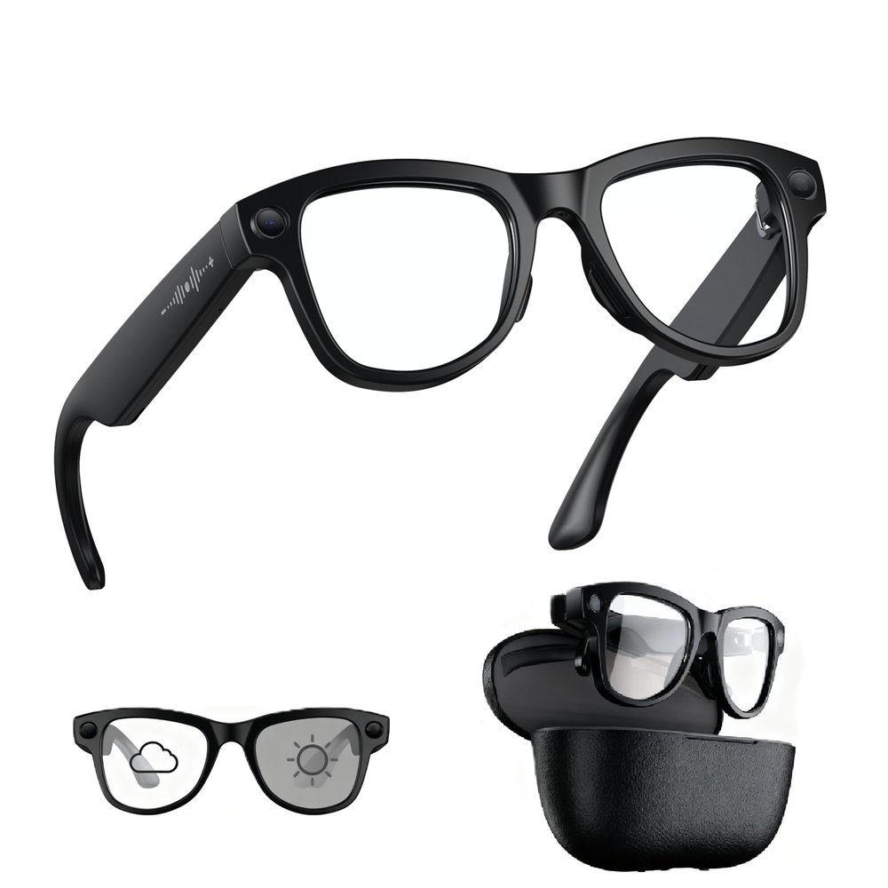 REEDTOCK AI Smart Glasses with 8MP 4K Camera, Bluetooth Open Ear Audio, Real-Time Translation, 1080P Video Recording,30MP Photo, Clear to Grey Transitions Lenses (M02 with Charging Case)