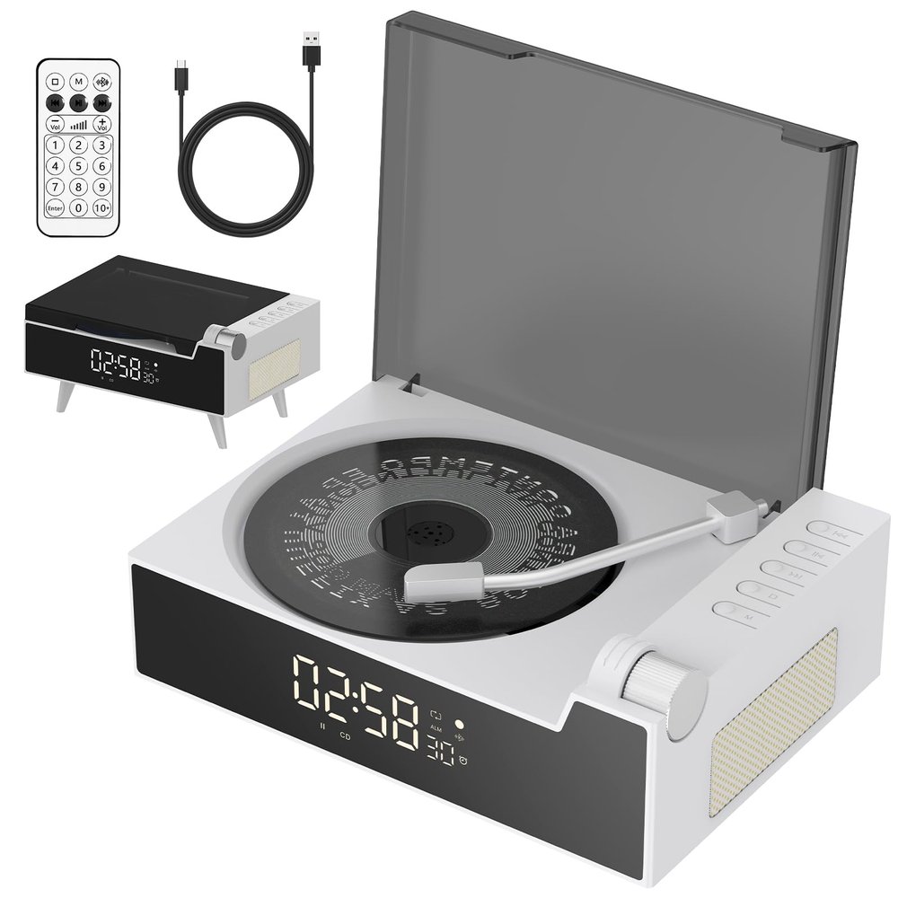 CD Player Portable with Bluetooth, Rechargeable CD Players Retro Suitcase CD Music Player with HiFi Speakers Desktop CD Player for Home Car Study Travel (White)