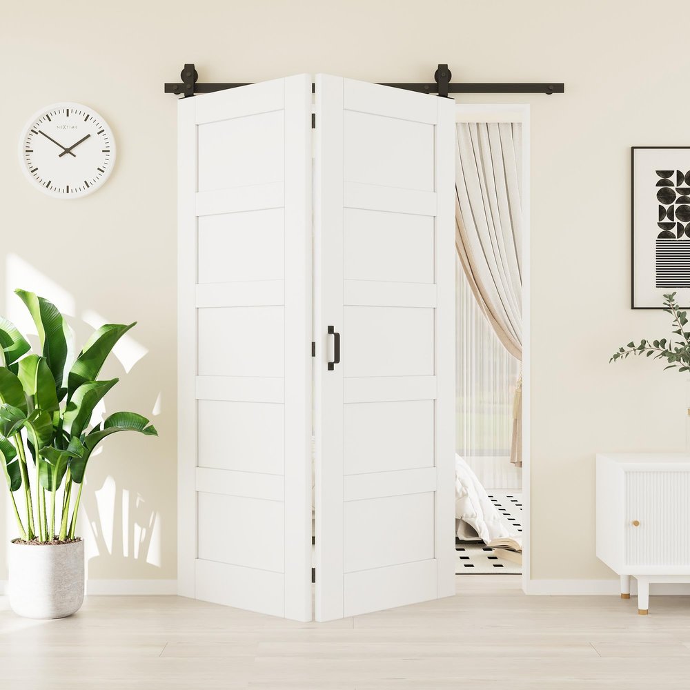 56" x 80" Solid Core Bifold Barn Door, Pre-Assembled MDF 5 Panels Bi Fold Barn Door with 64" Track Kit Included, Crack-Resistant & Water-Resistant Folding Closet Doors, Easy Installation, Paintable