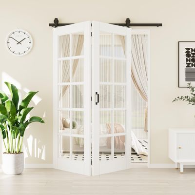 56" x 80" 10-Lites Tempered Clear Glass Bifold Barn Door, Pre-Assembled MDF Panels Bi Fold Barn Door with 64" Track Kit Included, Water-Resistant Folding Closet Doors, Easy Installation, Paintable
