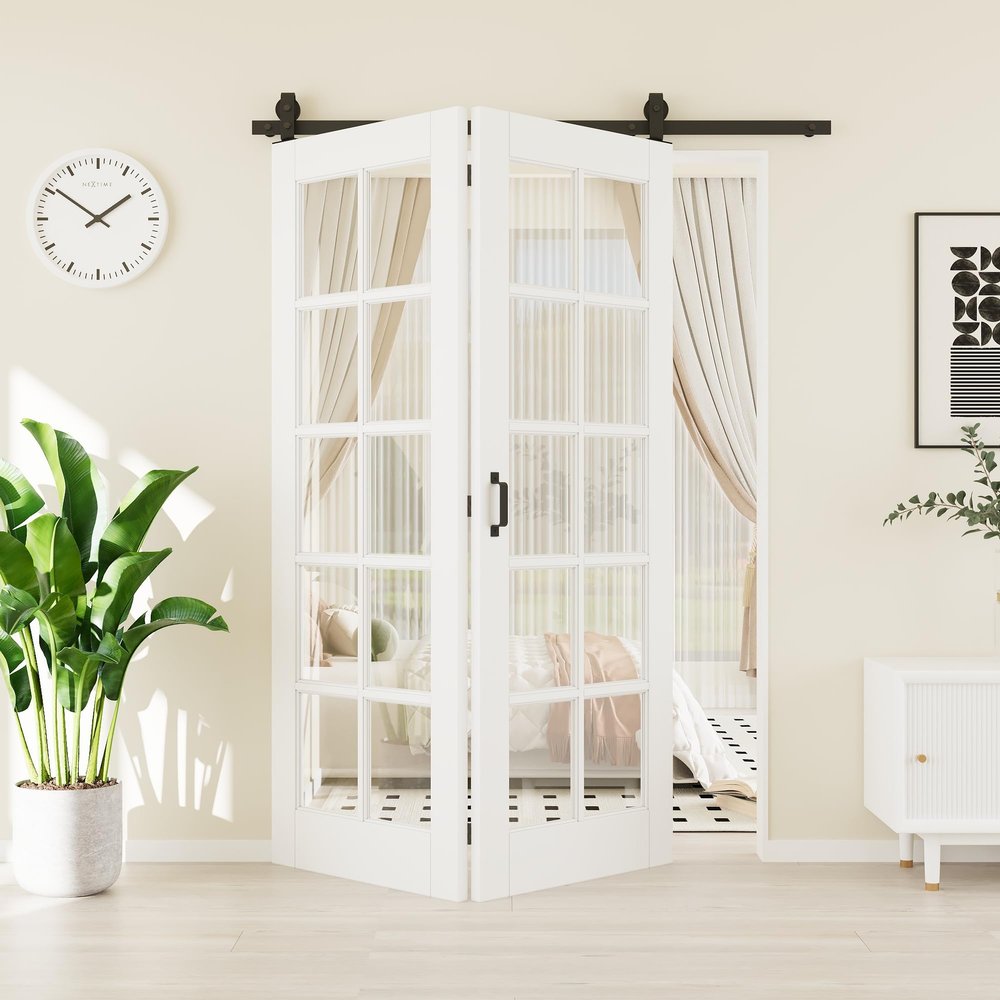 56" x 80" 10-Lites Tempered Clear Glass Bifold Barn Door, Pre-Assembled MDF Panels Bi Fold Barn Door with 64" Track Kit Included, Water-Resistant Folding Closet Doors, Easy Installation, Paintable