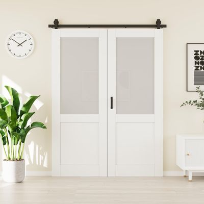 56" x 80" Tempered Frosted Glass Bifold Barn Door, Pre-Assembled MDF Panels Bi Fold Barn Door with 64" Track Kit Included, Paintable Folding Closet Doors Privacy Protection, Easy Installation