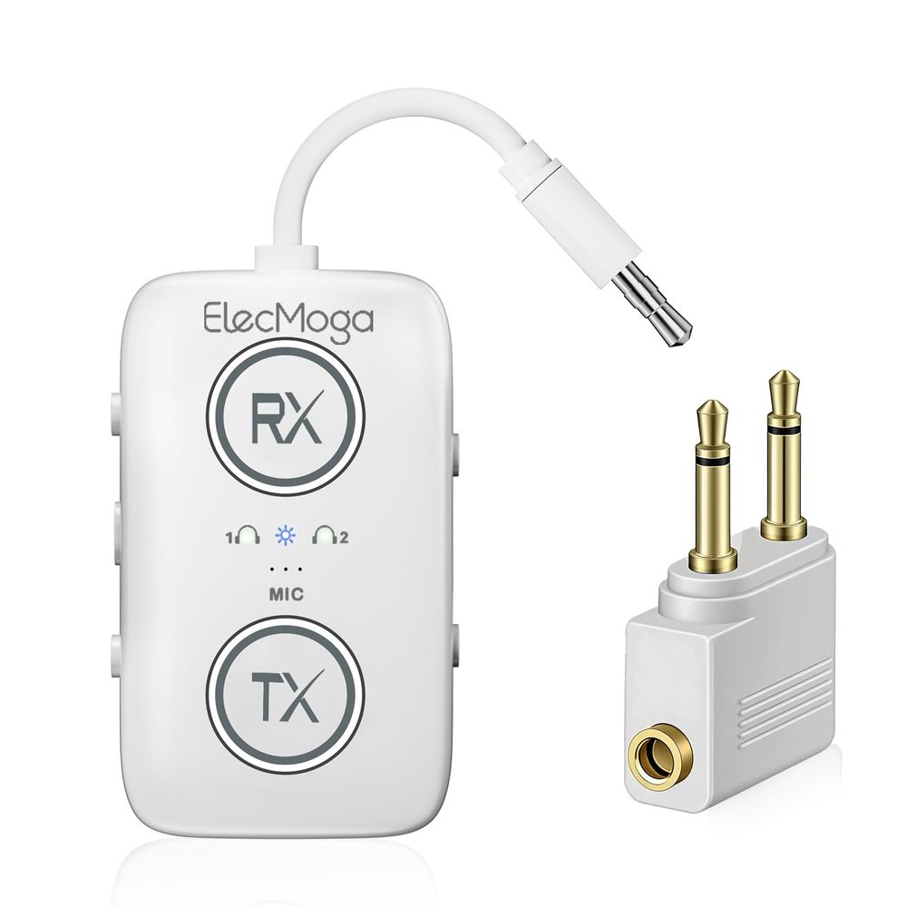 2026 Upgraded Airplane Bluetooth 5.4 Adapter with aptX Adaptive, ElecMoga Airplane Travel Essentials Supports 2 AirPods or Headphones, 2-in-1 AUX Wireless Transmitter Receiver for Gym, TV, Car, White