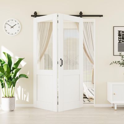 48" x 80" Tempered Clear Glass Bifold Barn Door, Pre-Assembled MDF Panels Bi Fold Barn Door with 64" Track Kit Included, Water-Resistant Folding Closet Doors, Easy Installation, Paintable