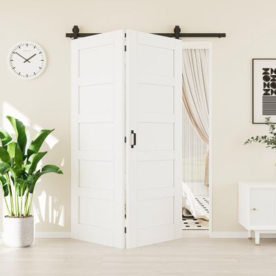 56" x 96" Solid Core Bifold Barn Door, Pre-Assembled MDF 5 Panels Bi Fold Barn Door with 64" Track Kit Included, Crack-Resistant & Water-Resistant Folding Closet Doors, Easy Installation, Paintable
