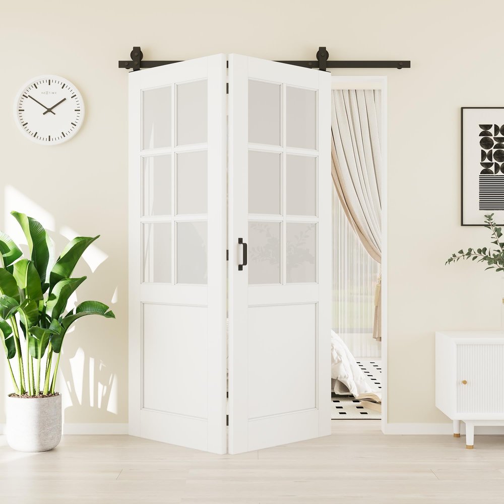 48" x 80" 6-Lites Tempered Frosted Glass Bifold Barn Door, Pre-Assembled MDF Panels Bi Fold Barn Door with 64" Track Kit Included, Paintable Folding Closet Doors Privacy Protection, Easy Installation