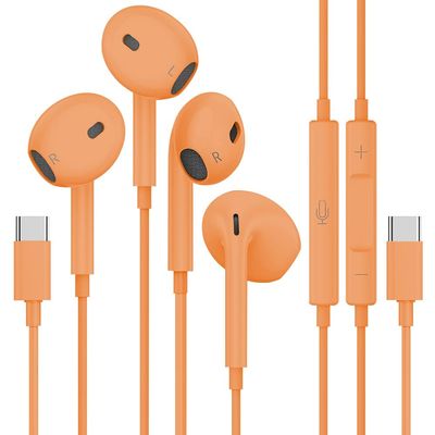 2 Packs USB C Headphones for iPhone 17 16 15 Pro Max, Type C Earphones with Microphone and Volume Control USB C Wired Earbuds for Galaxy S25 S24 S23 S22 S21 S20 Ultra, Note 10/20, for Pixel 9 8 Orange