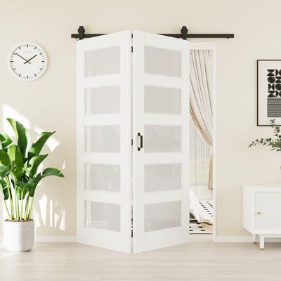 56" x 96" 5-Lites Tempered Frosted Glass Bifold Barn Door, Pre-Assembled MDF Panels Bi Fold Barn Door with 64" Track Kit Included, Paintable Folding Closet Doors Privacy Protection, Easy Installation