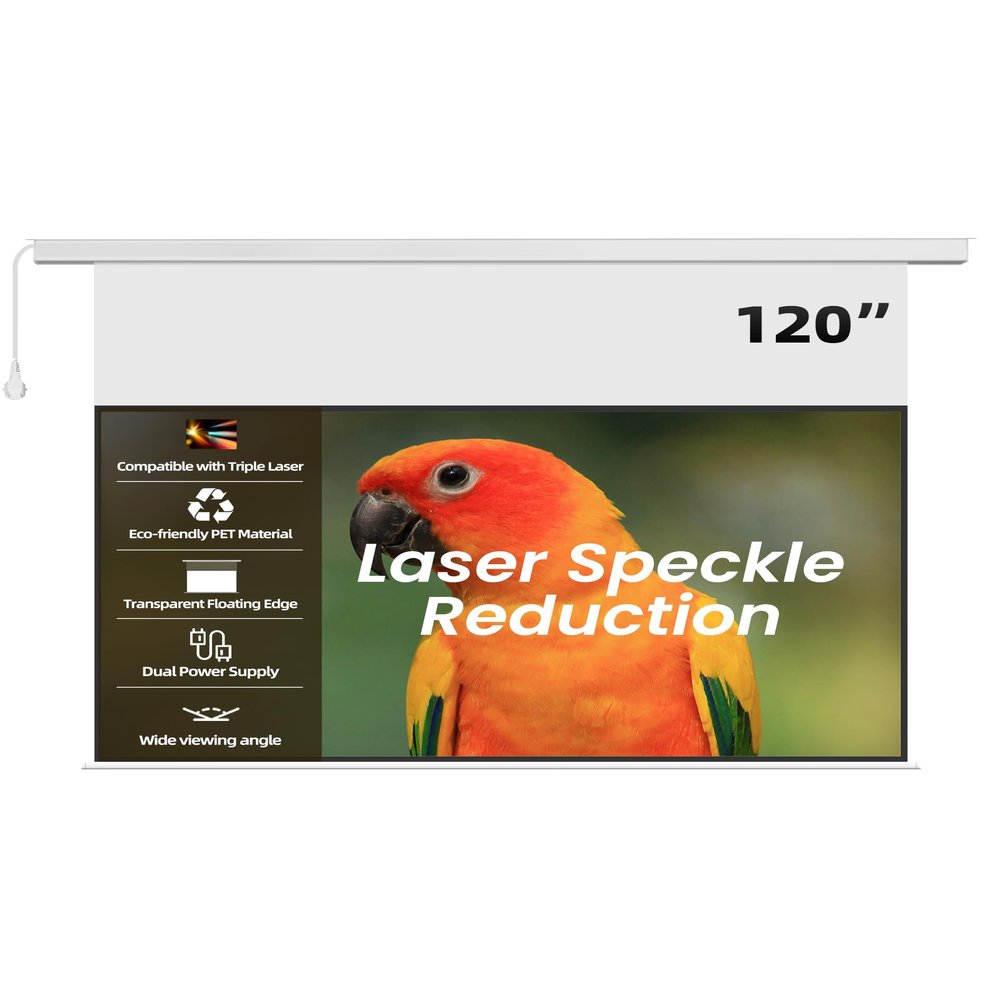 120" PureVision Motorized Projector Screen with Laser Speckle Reduction for Long Throw Projectors,Auto-Sync Movie Screen 4K/8K UHD Ready,20" Adjustable Drop and Black Backing for Enhanced Contrast